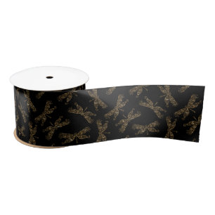 Elegant Flying Gold Dragonflies on Black Satin Ribbon