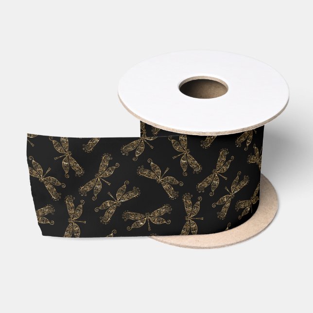 Elegant Flying Gold Dragonflies on Black Satin Ribbon (Spool)