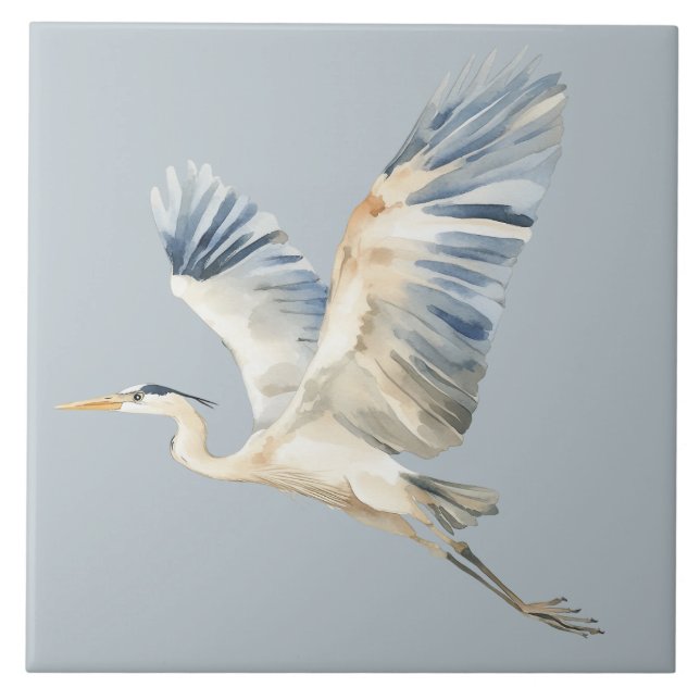 Elegant Flying Heron Dusty Blue Ceramic Tile (Front)