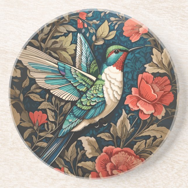 Elegant Flying Hummingbird William Morris Inspired Coaster (Front)