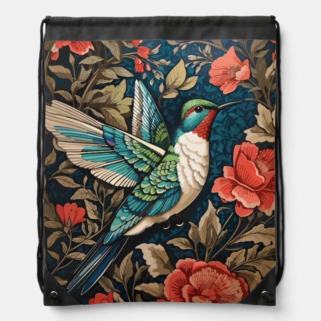 Elegant Flying Hummingbird William Morris Inspired Drawstring Bag (Front)
