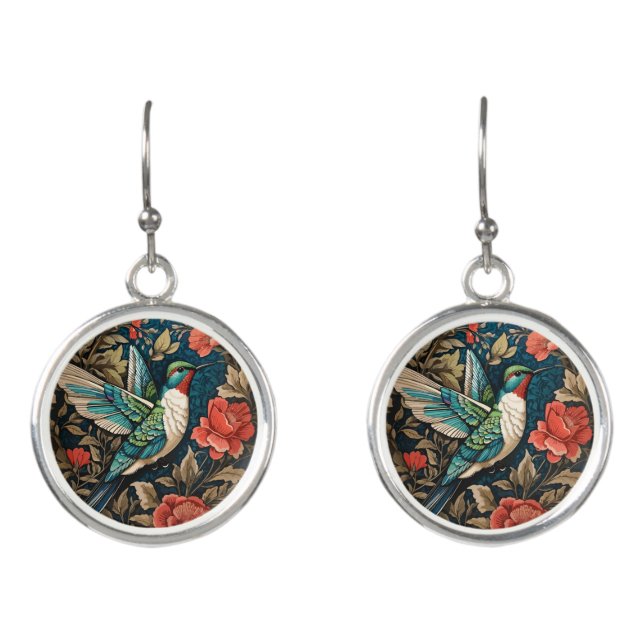 Elegant Flying Hummingbird William Morris Inspired Earrings (Front)