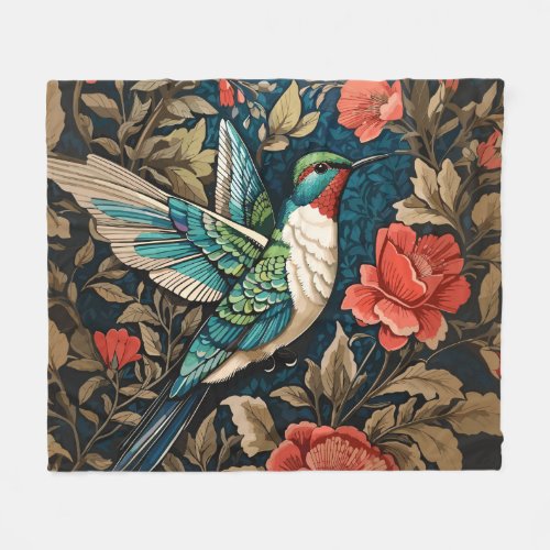 Elegant Flying Hummingbird William Morris Inspired Fleece Blanket