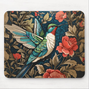Elegant Flying Hummingbird William Morris Inspired Mouse Pad