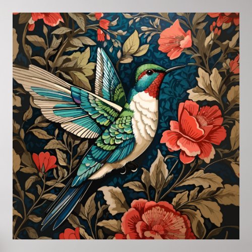 Elegant Flying Hummingbird William Morris Inspired Poster