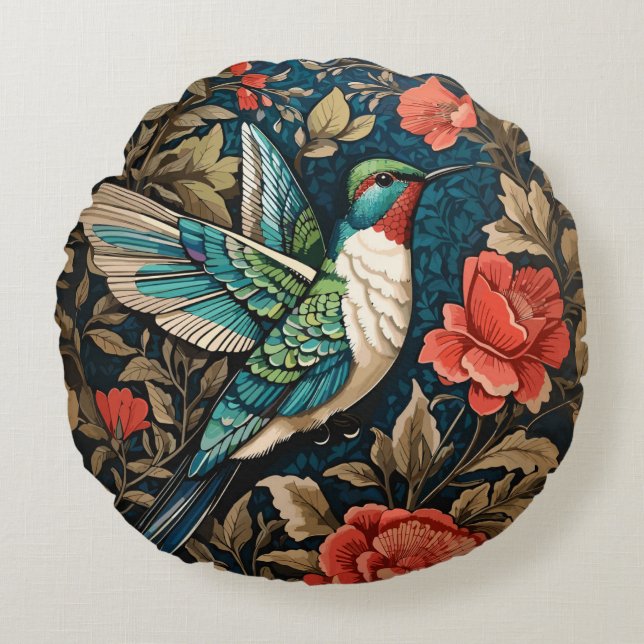 Elegant Flying Hummingbird William Morris Inspired Round Pillow (Front)