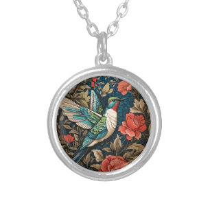 Elegant Flying Hummingbird William Morris Inspired Silver Plated Necklace