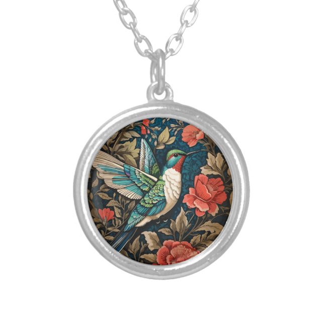 Elegant Flying Hummingbird William Morris Inspired Silver Plated Necklace (Front)