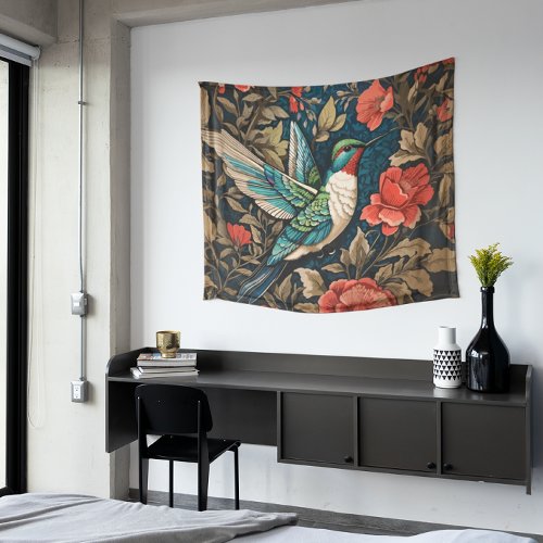 Elegant Flying Hummingbird William Morris Inspired Tapestry