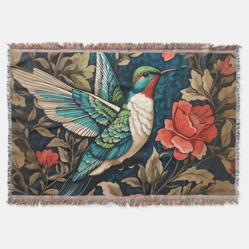 Elegant Flying Hummingbird William Morris Inspired Throw Blanket