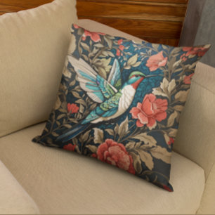 Elegant Flying Hummingbird William Morris Inspired Throw Pillow