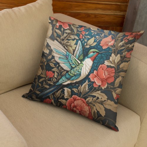 Elegant Flying Hummingbird William Morris Inspired Throw Pillow