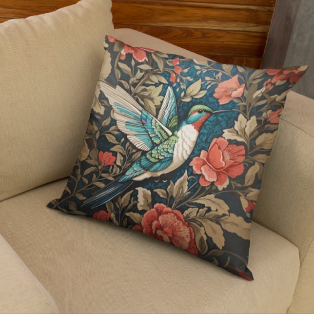 Elegant Flying Hummingbird William Morris Inspired Throw Pillow (Creator Uploaded)