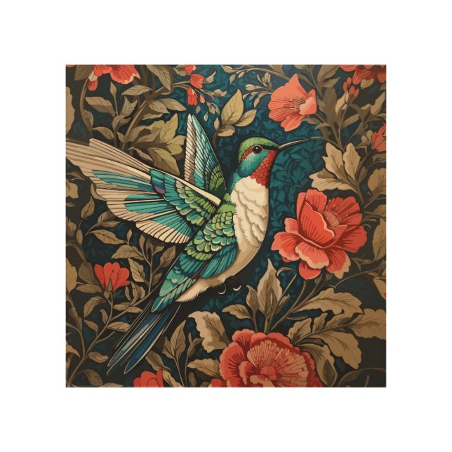 Elegant Flying Hummingbird William Morris Inspired Wood Wall Art (Front)