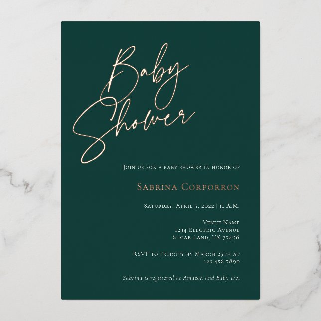 Elegant Foil Gender Neutral Baby Shower | Green Invitation (Front)