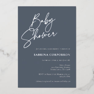 Elegant Foil Gender Neutral Shower   Dusty Blue Invitation