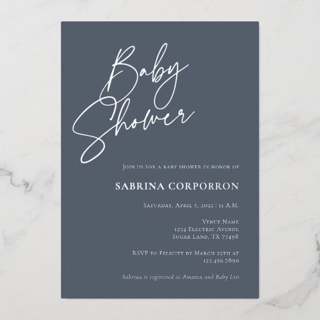 Elegant Foil Gender Neutral Shower | Dusty Blue Invitation (Front)