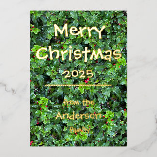 Elegant Foil Holly Berry Greenery Personalize Card