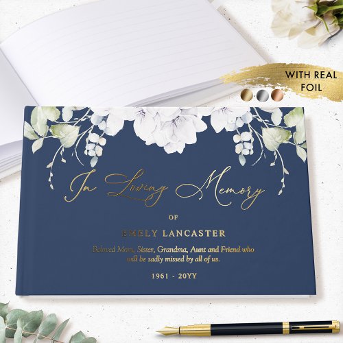 Elegant Foil In Loving Memory White Floral Funeral Foil Guest Book