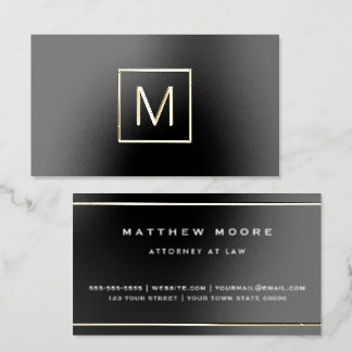 Elegant foil monogram initial & borders black business cards