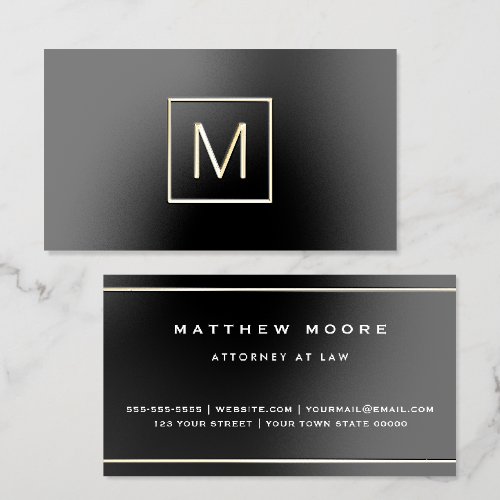 Elegant foil monogram initial & borders black business cards