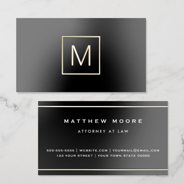 Elegant foil monogram initial & borders black business cards (Front & Back)