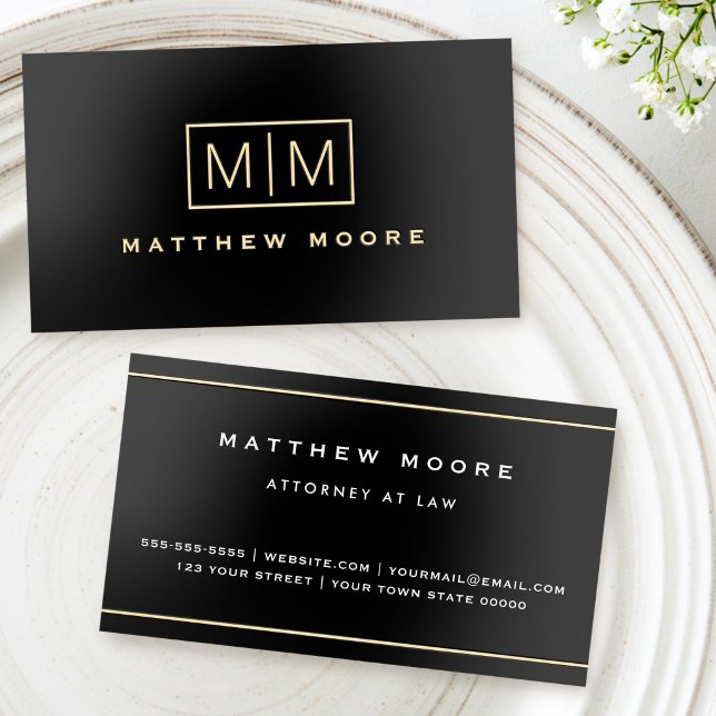 Elegant foil monogram name & borders black business cards (Elegant foil monogram name & borders black business cards)
