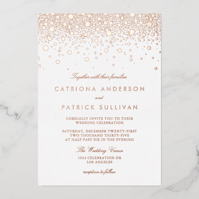 Elegant Foil Pressed Confetti Dots Wedding Rose Foil Invitation (Front)