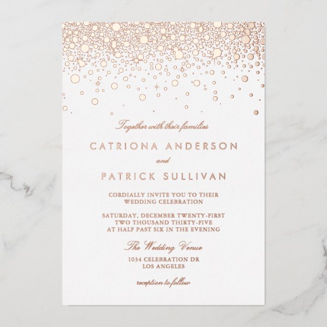 Elegant Foil Pressed Confetti Dots Wedding Rose Invitation (Front)