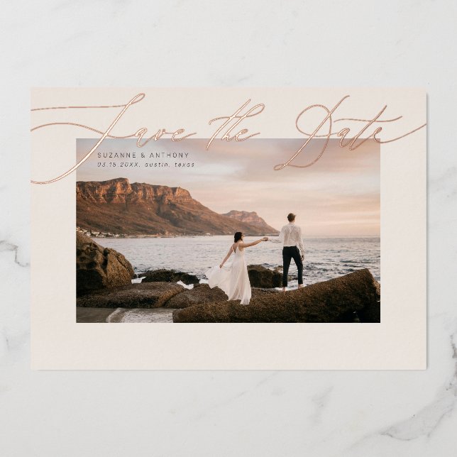 Elegant Foil Pressed Save The Date On Photo Foil Invitation (Front)
