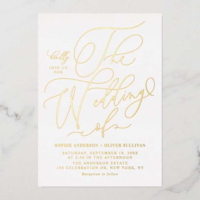 Elegant Foil Pressed Whimsical Calligraphy Wedding Invitation (Front)