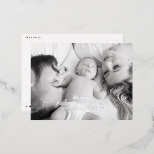 Elegant Foil Script Black & White Birth Postcard