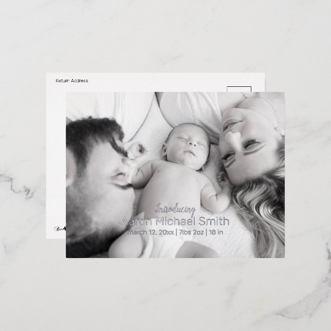 Elegant Foil Script Black & White Birth Postcard (Front/Back)