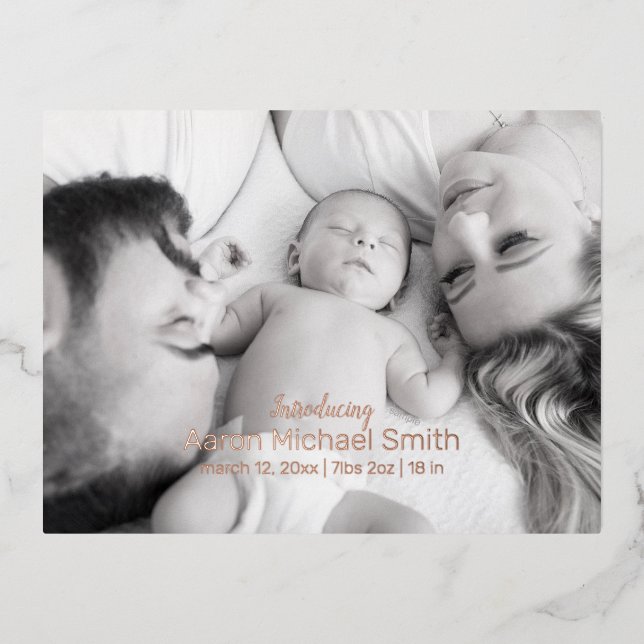 Elegant Foil Script Black & White Birth Postcard (Front)