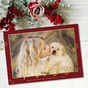 Elegant Foil Script Merry Christmas Photo Foil Holiday Card