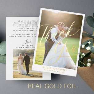 Elegant foil script photo wedding thank you card