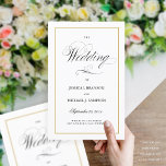 Elegant Folding Wedding Program Solid Gold Border<br><div class="desc">This program is an 8.5 x 11 page that requires you to fold it to assemble.  The gold border is a solid matte color. Classic understated black and white wedding program with a modern touch featuring the elegant script of the word "Wedding" on the outside "cover" and gold border.</div>