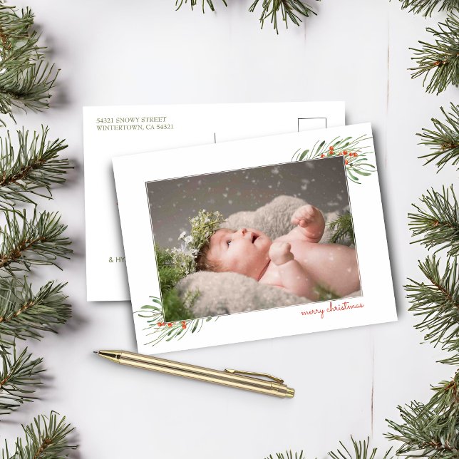 Elegant Foliage Berries Merry Christmas Photo Holiday Postcard (Elegant Foliage Berries Merry Christmas Photo Holiday Postcard)