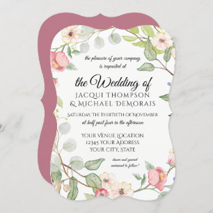 Elegant Foliage Berry Pink Watercolor Wild Flowers Invitation