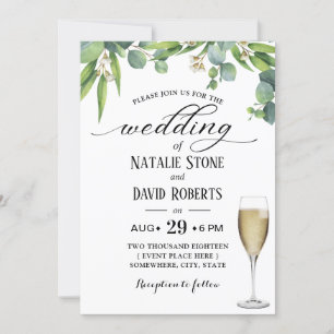 Elegant Foliage Champagne Glass Botanical Wedding Invitation
