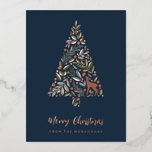 Elegant Foliage Christmas Tree  Little Deer   Foil Holiday Postcard