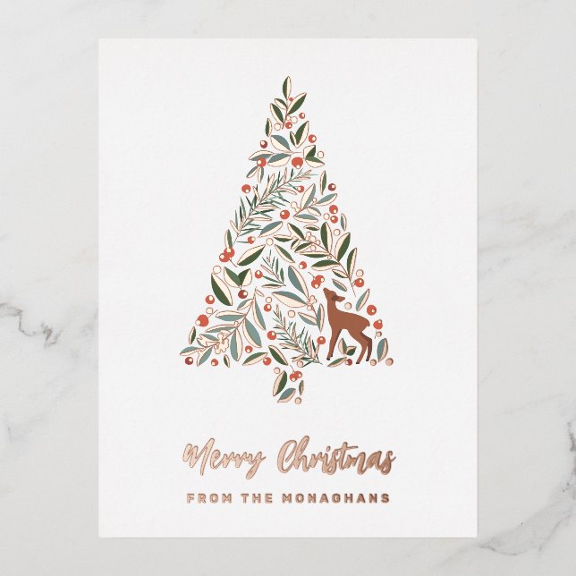 Elegant Foliage Christmas Tree | Little Deer  Foil Holiday Postcard (Front)