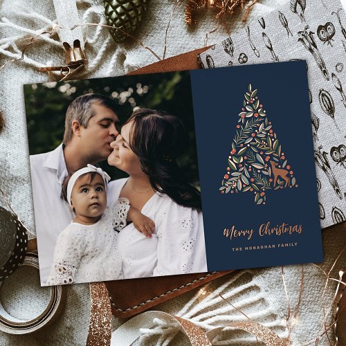 Elegant Foliage Christmas Tree  Navy  Photo  Foil Holiday Card
