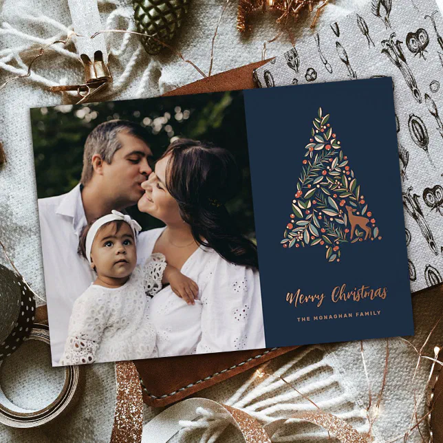 Elegant Foliage Christmas Tree | Navy | Photo Foil Holiday Card | Zazzle