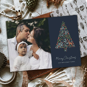 Elegant Foliage Christmas Tree   Navy   Photo  Holiday Card