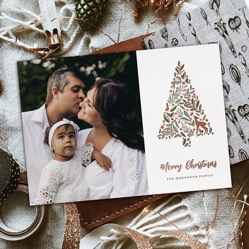 Elegant Foliage Christmas Tree  White  Photo   Foil Holiday Card