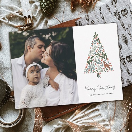 Elegant Foliage Christmas Tree  White  Photo Holiday Card