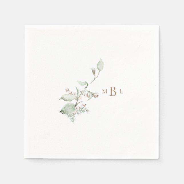 Elegant Foliage & Cotton Monogram Wedding Cocktail Napkins (Front)