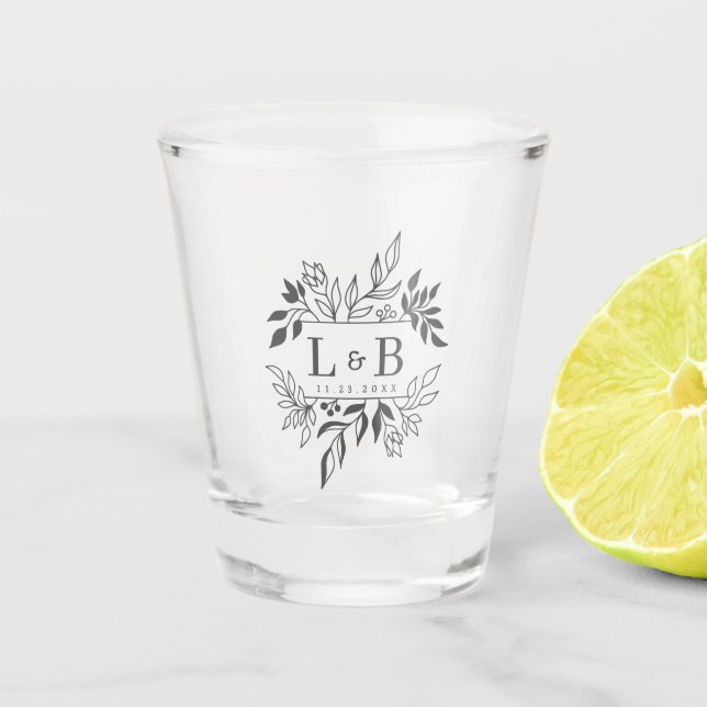 Elegant Foliage Couple Monogram Wedding Favor Shot Glass (Front)