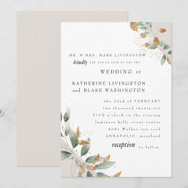Elegant Foliage Cream Bride Parents Wedding Matte Invitation (Front/Back)